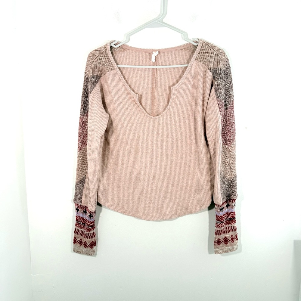 Anthropologie Daily Practice Pale Pink Contrast Panel Sleeve Knit Thermal XS